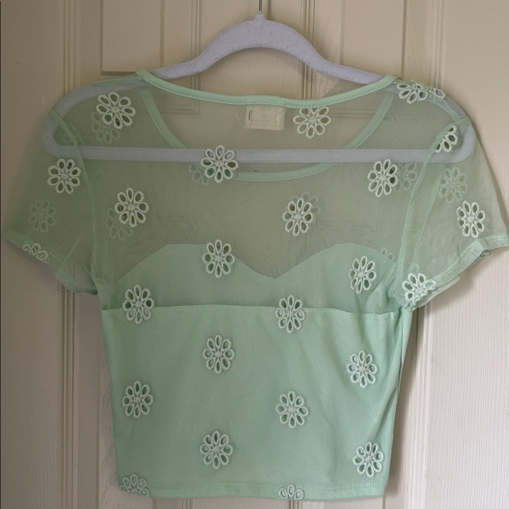 Pins & Needles Mint Green Sheer Floral Mesh Crop Top - Picture 3 of 5